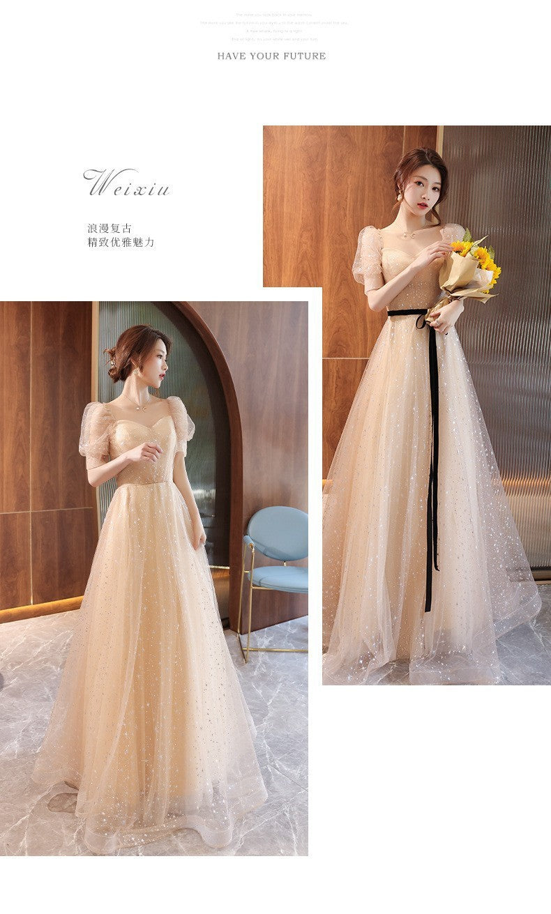 Banquet Evening Dress 2024 New Ladies Banquet Champagne Fairy Temperament Female Host Student Art Exam Dress