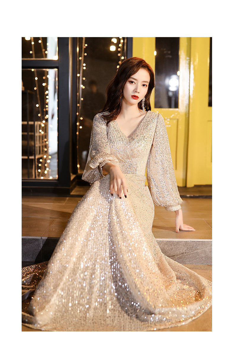 Factory Supply Evening Dress 2024 New Autumn and Winter Long Long Sleeve V-neck Sequins Champagne Annual Party Evening Dress