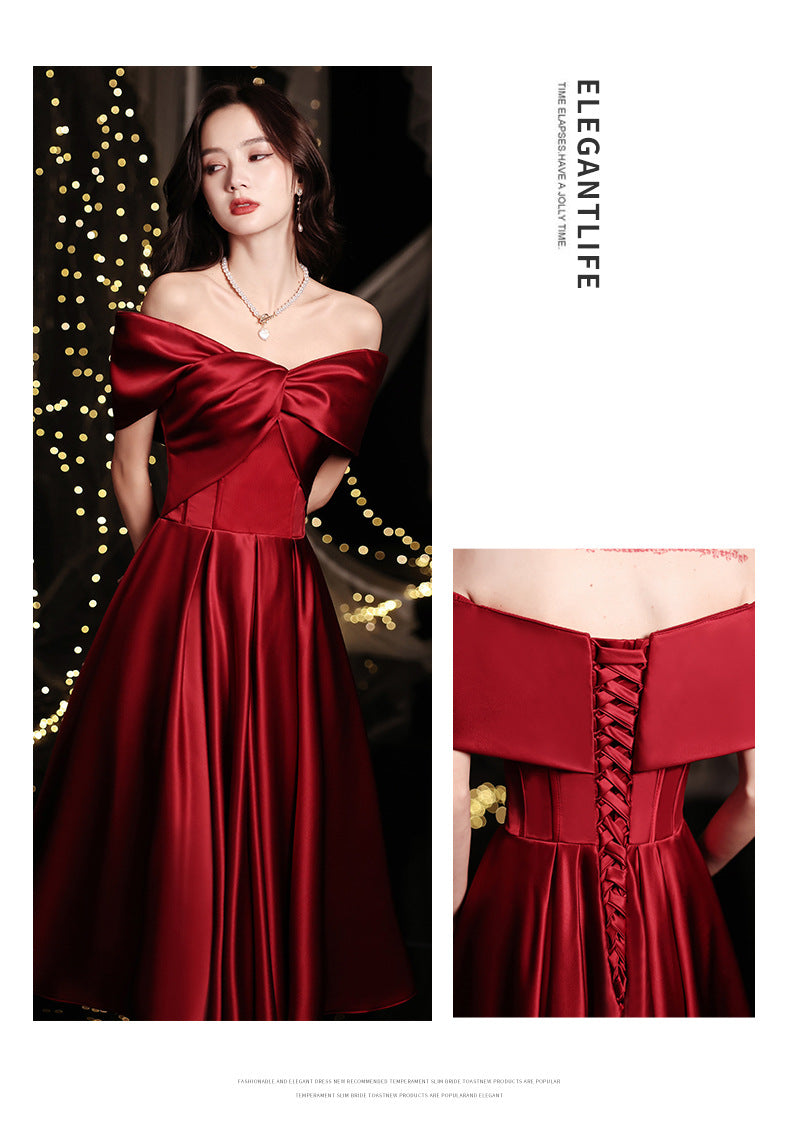 Wine Red Toast Dress Bride 2024 New Appreciation Dinner Engagement Wedding Back-to-Door off-Shoulder Evening Dress for Women Autumn