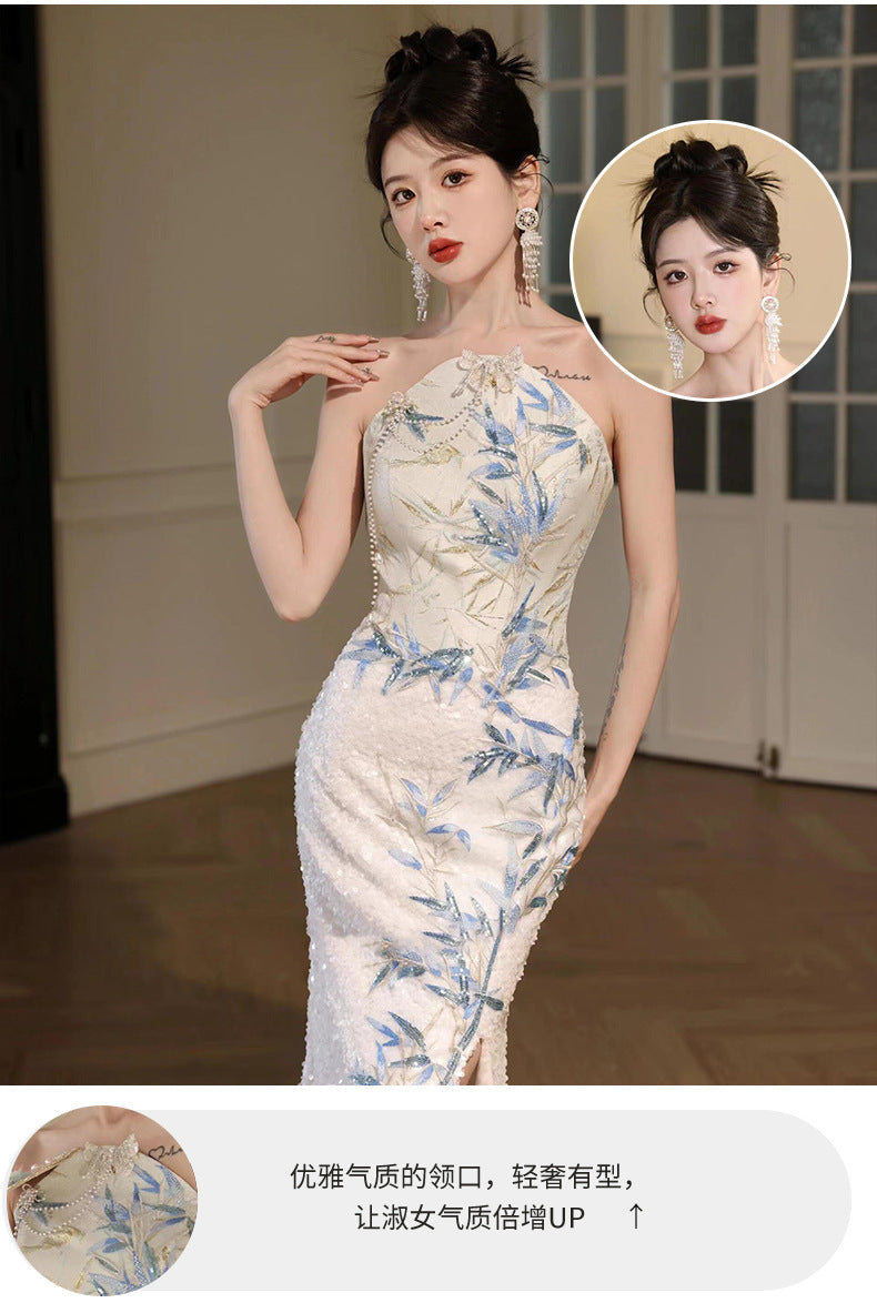 New Chinese Style Cheongsam Banquet Evening Dress Dress Women 2024 New High Sense Bride Engagement Toast Clothing Morning Gowns