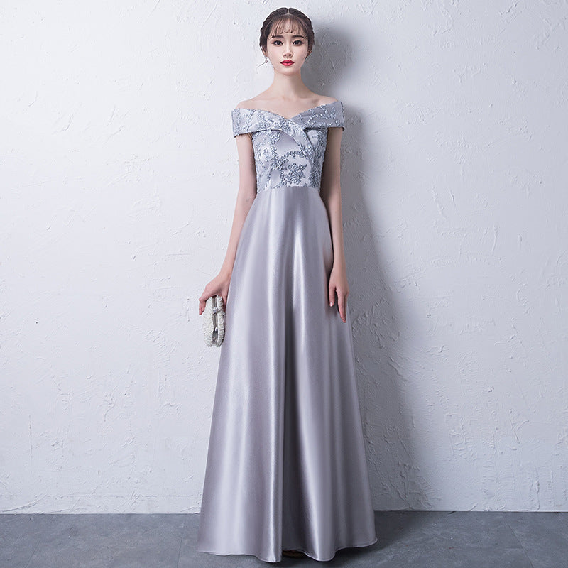 Banquet Evening Dress 2024 Autumn New Korean Style Elegant off-Shoulder Long Slimming Bridesmaid Dress for Women