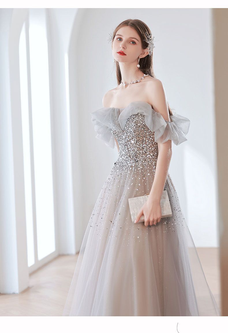 Temperament Banquet Evening Dress for Women 2024 New Autumn Bridal off-Shoulder Gray Elegant Dress for Host