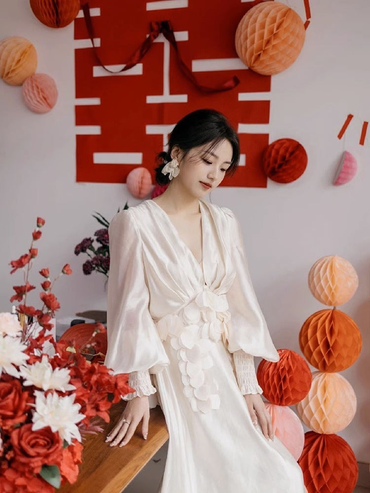 New Chinese Style Morning Gowns Female Bride Toast Clothing Engagement Dress High-End Affordable Luxury Niche White Fairy Waist-Tight Dress