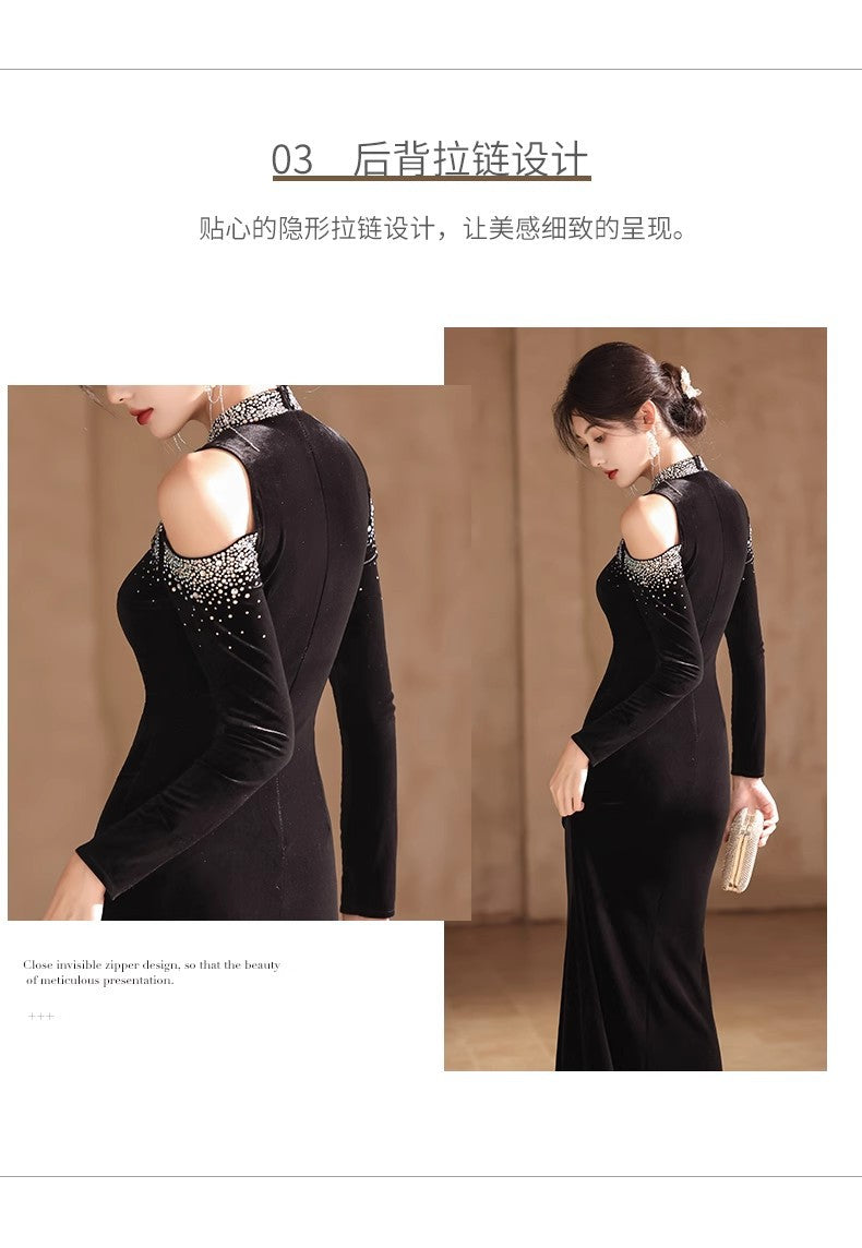 Factory in Stock Wholesale New Elegant and Beautiful off-Shoulder Long Sleeve Banquet Host Black Mermaid Evening Dress for Women