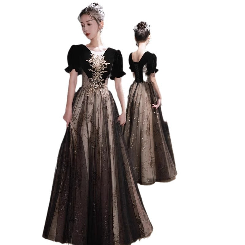 Banquet Evening Dress 2024 New Hepburn Style Annual Meeting Elegant Black Host's Dress Student Art Exam Dress