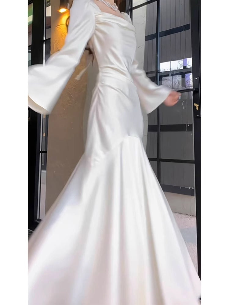 French Style Long Sleeve Fishtail Dress Early Spring High-End Satin Collar White Dress Engagement Dress Wedding Morning Gowns