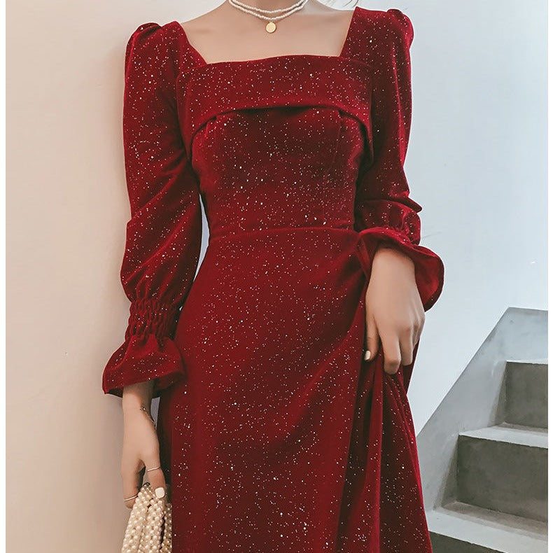 Bridal Red Party Marriage Engagement Formal Dress Long Sleeve Satin Square Collar Shiny Maxi Dress H2992p