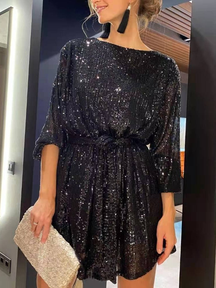 European and American Independent Station round Neck Tied Festival Party Bling Beaded Dress Elegant Sequin Formal Dress