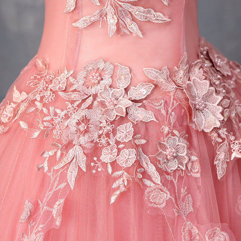 Evening Dress Short Pettiskirt Spring Pink Wedding Bridesmaid Dress off-Shoulder Short Sleeve Slimming Host Dress for Women