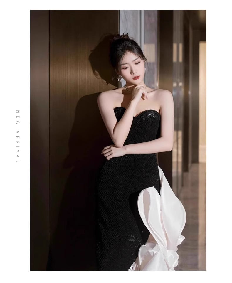 Black Paillette Evening Dress for Women High-End Affordable Luxury Niche Graduation Adult Ceremony Tube Top High-Grade Sense Bridal Party Fishtail Skirt