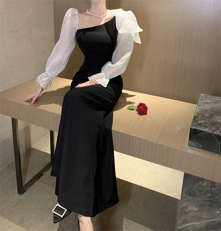 Niche Design Oblique Shoulder Bow Dress Skirt 2024 Autumn New Women's High Sense Banquet Slim Fit Dress