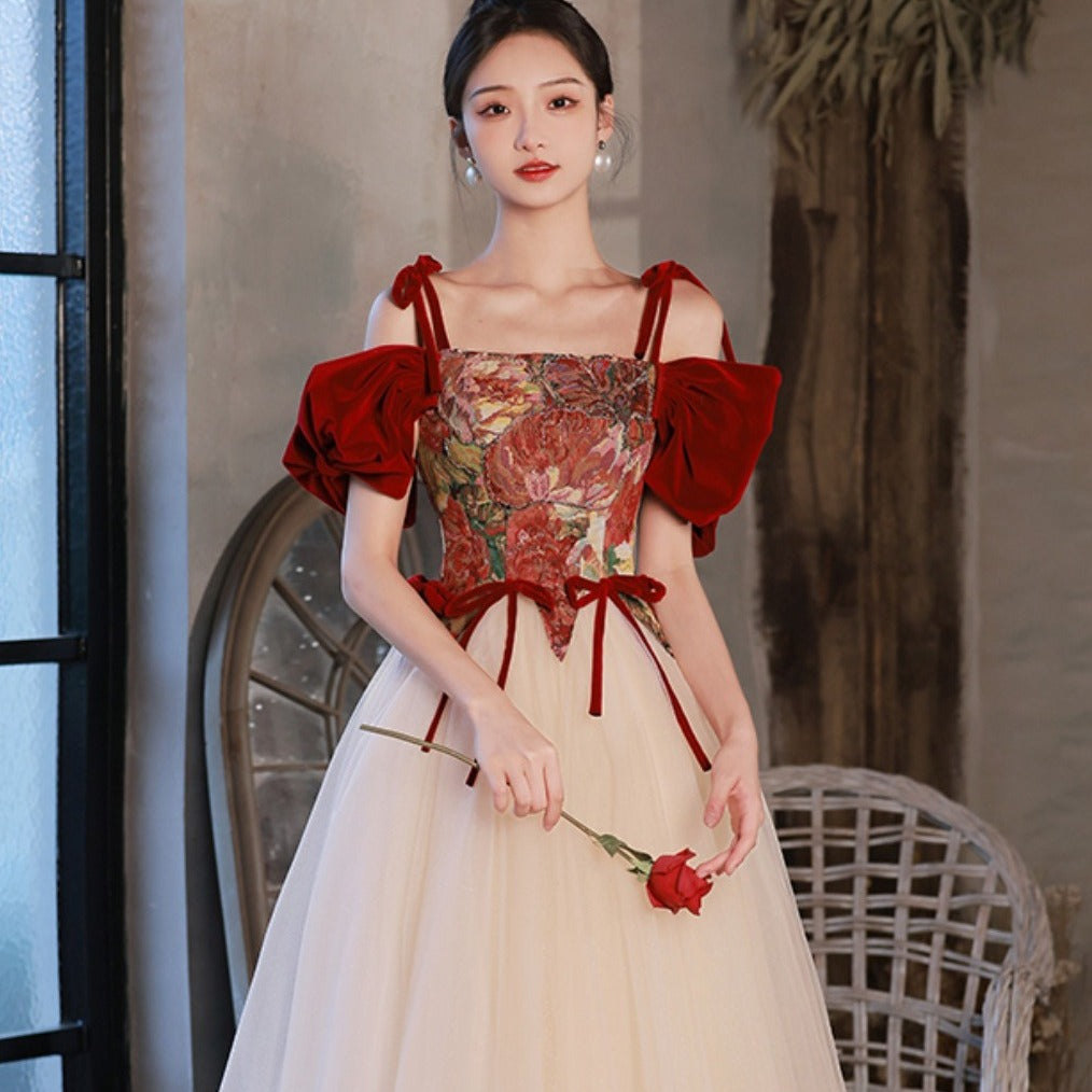 Ball gown Bridal High-End off-Shoulder Red Evening Dress for Court Banquet Engagement Princess Pettiskirt H909P02