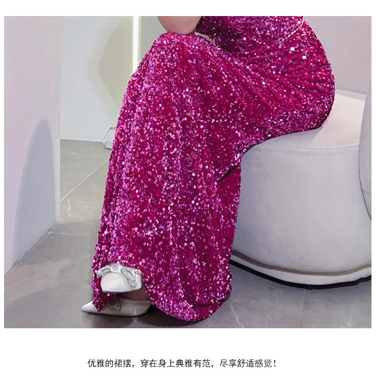 Rose Red Evening Dress Temperament Entry Lux Sense Backless Fishtail Engagement Dress Bridal Halter Toast Dress