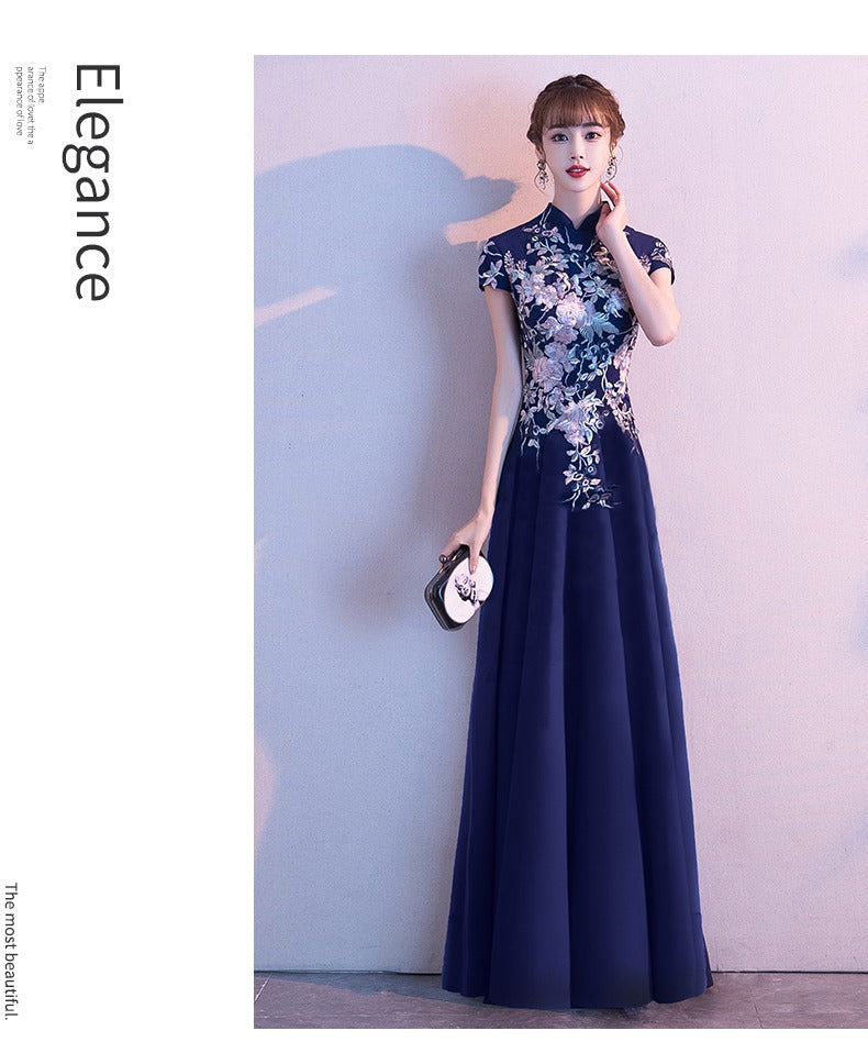 Chinese Evening Dress Female 2024 New Noble Banquet Host Temperament Long Cheongsam Chorus Performance Skirt Female