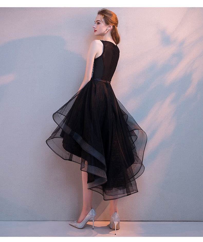 Black Evening Dress Women's New Banquet Noble Performance Front Short Back Long Host round Neck Sequins Small Dress Stage