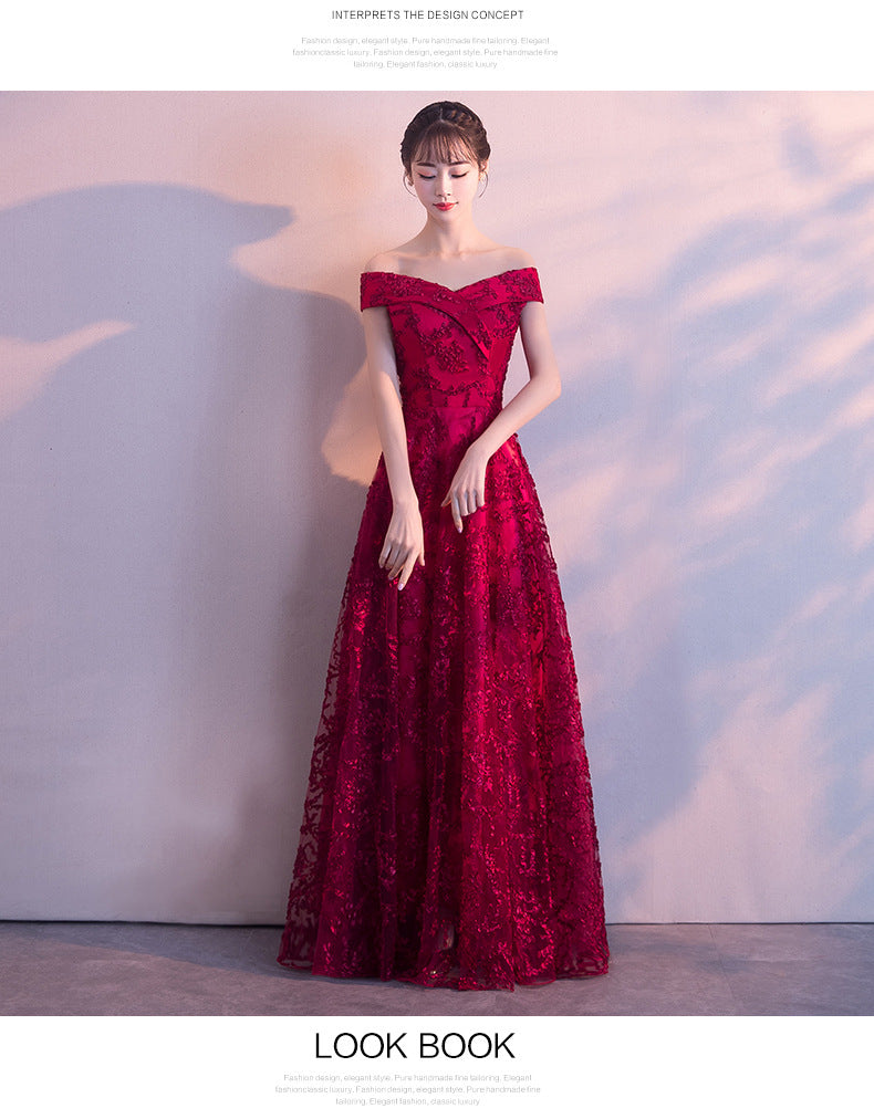 2024 New Summer Red Lace Off-Shoulder Long Slimming Wedding Evening Dress for Bride