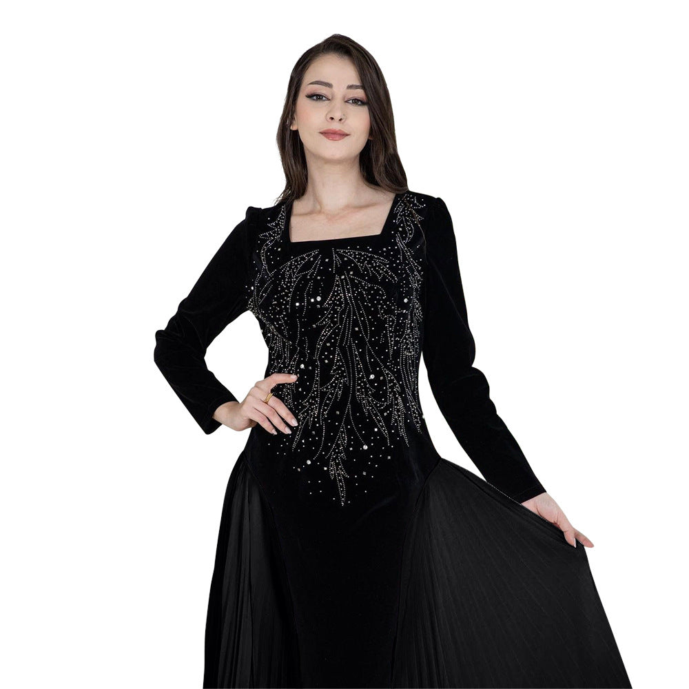 Xqy500222 Dubai Arabic Muslim Korean Velvet Chiffon Stitching Rhinestone Evening Dress Jalabia Women's Dress