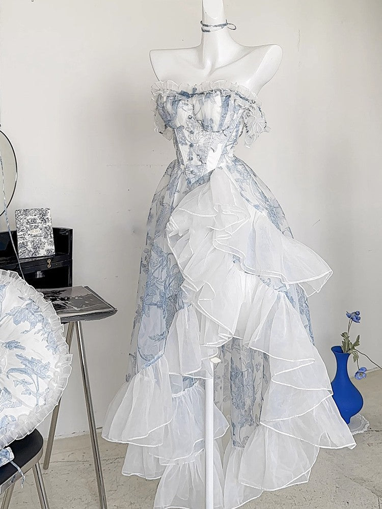 French Blue Floral Strapless Dress Women's Summer Princess Vintage Vintage Lolita Dress
