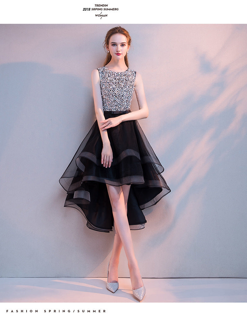 Black Evening Dress Women's New Banquet Noble Performance Front Short Back Long Host round Neck Sequins Small Dress Stage