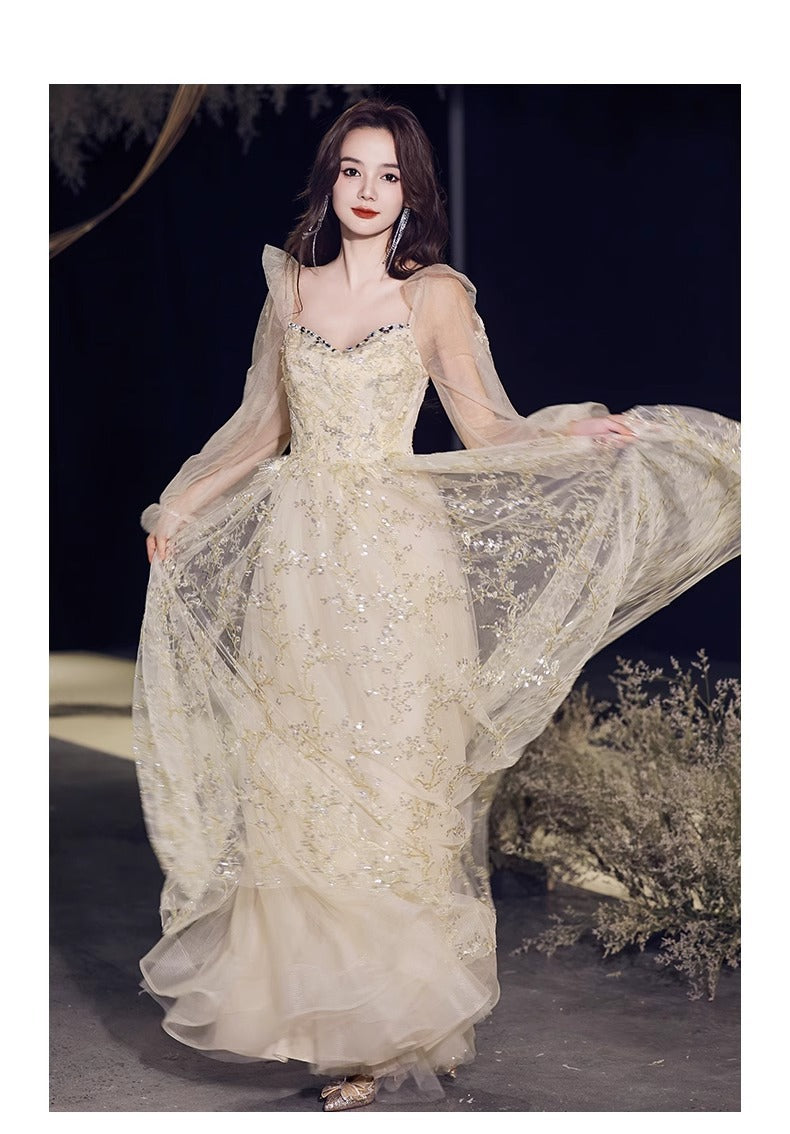 Banquet evening dress high-grade Champagne temperament host fairy dinner Annual Meeting dress long sleeve autumn women