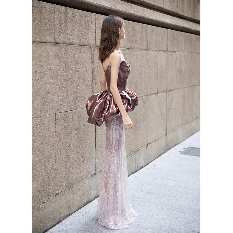 Fishtail Evening Dress Women's High-Grade Banquet Temperament Host Tube Top Bride Engagement Dress Toast Dress Autumn