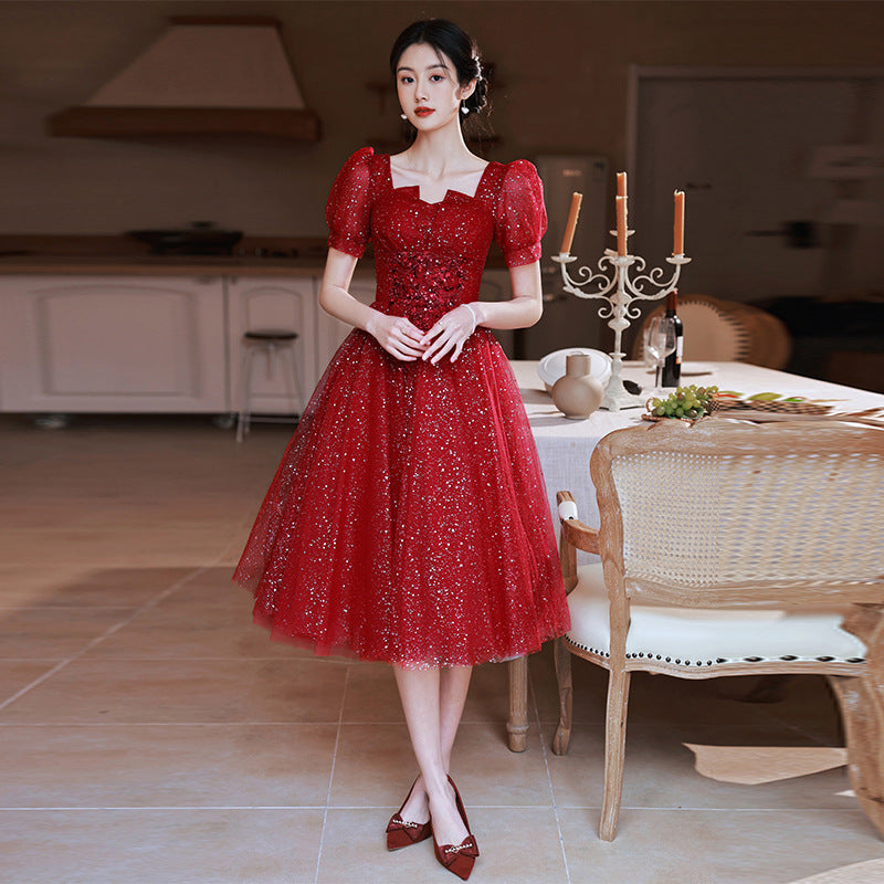 Toast Dress Bride 2024 Red New Style Wedding High-End Elegant Engagement Evening Dress Women's Gauze Dress Autumn