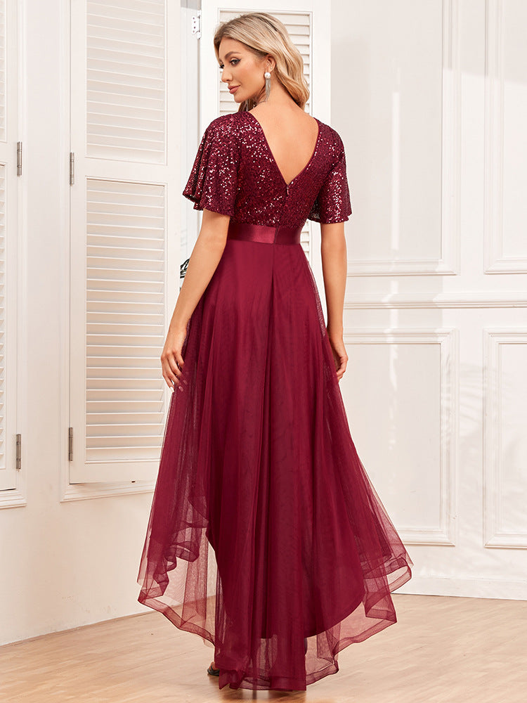 New Elastic Waist Stitching Elegant V-neck Ruffled Short Sleeves Evening Dress Swing Word Fluffy Tulle Irregular Long Dress