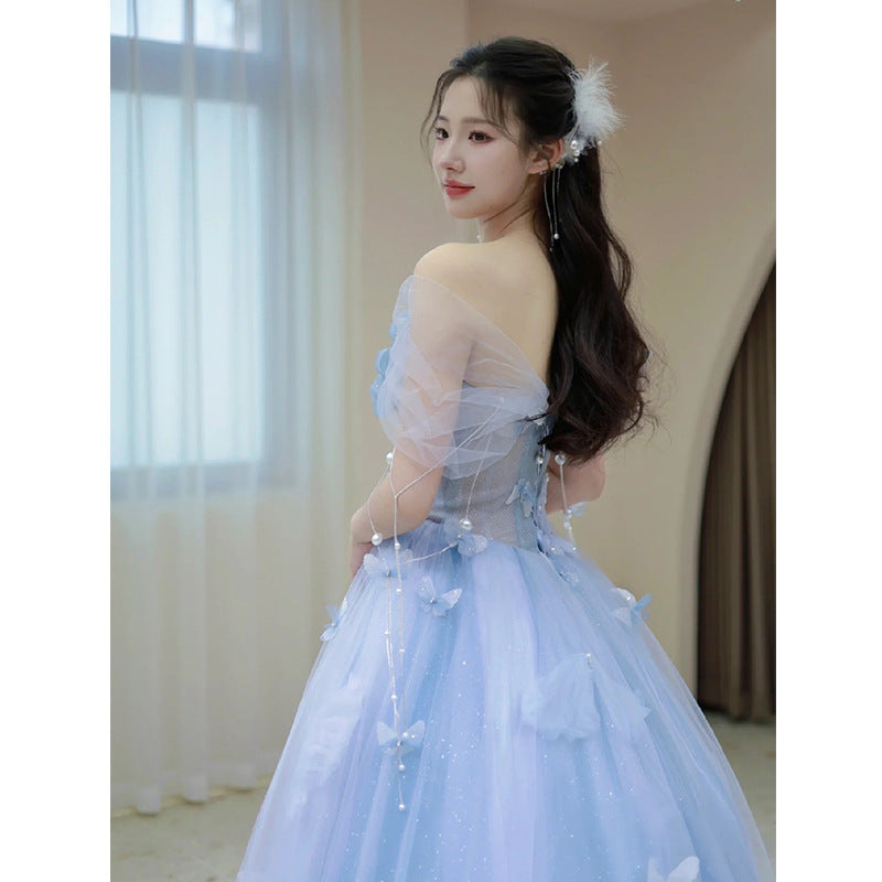 Blue Banquet Evening Dress for Women 2024 New High-Grade Princess on the Run Toast Dress Fairy Light Luxury Annual Meeting Dress