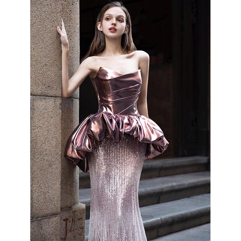 Fishtail Evening Dress Women's High-Grade Banquet Temperament Host Tube Top Bride Engagement Dress Toast Dress Autumn