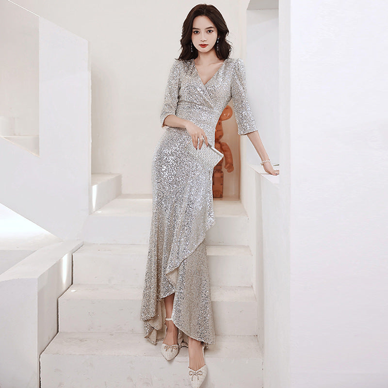 Birthday Banquet Evening Dress for Women 2024 New Host Temperament Fishtail Heavy Embroidery Sequins Half Sleeve Dress Dress