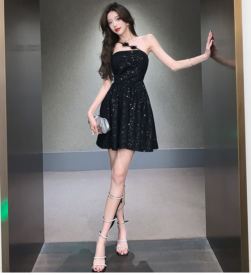 6155 Cross-Border in Stock 2024 New Sweet Lady Heavy Craft Sequin Slim Fit Bandeau One-Shoulder Dress Dress