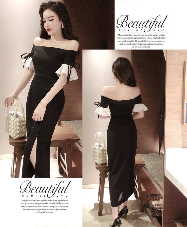 Women's off-Shoulder Black Banquet Evening Dress 2024 New Long Slim Fit Slimming Dress