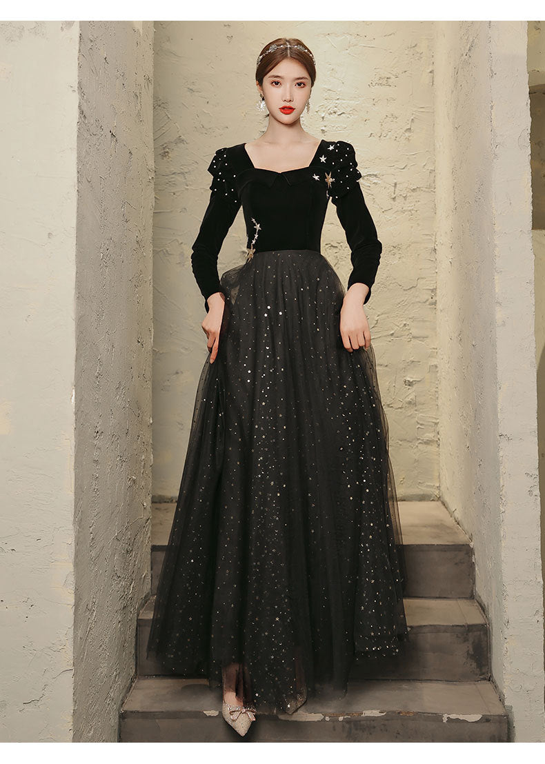 Banquet Evening Dress 2024 New Black Ladies Long Sleeves Graceful Formal Dress Host Performance Dinner Annual Meeting Gift