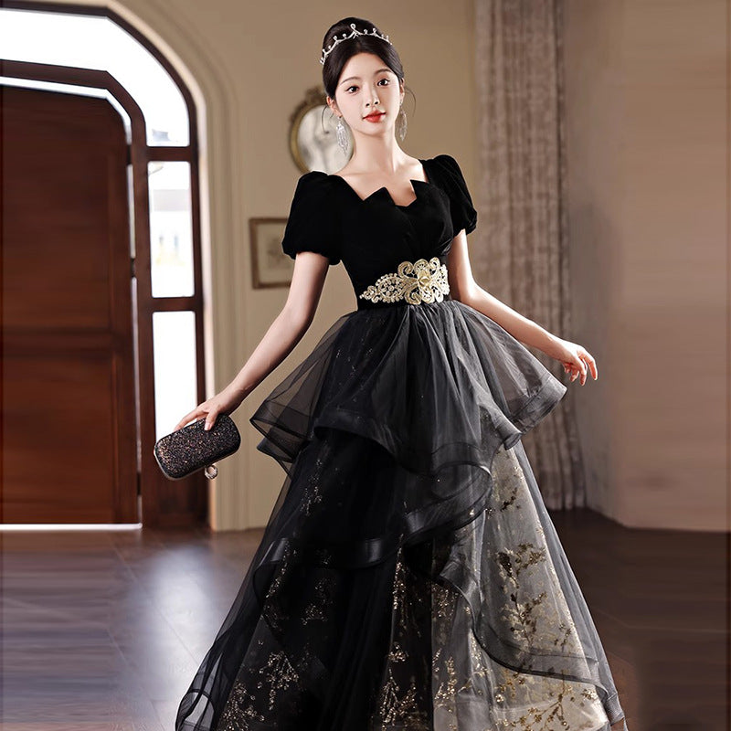 Black Evening Dress Women's High-Grade 2024 Light Luxury Minority High-End New Banquet French Summer Host Art Exam Dress