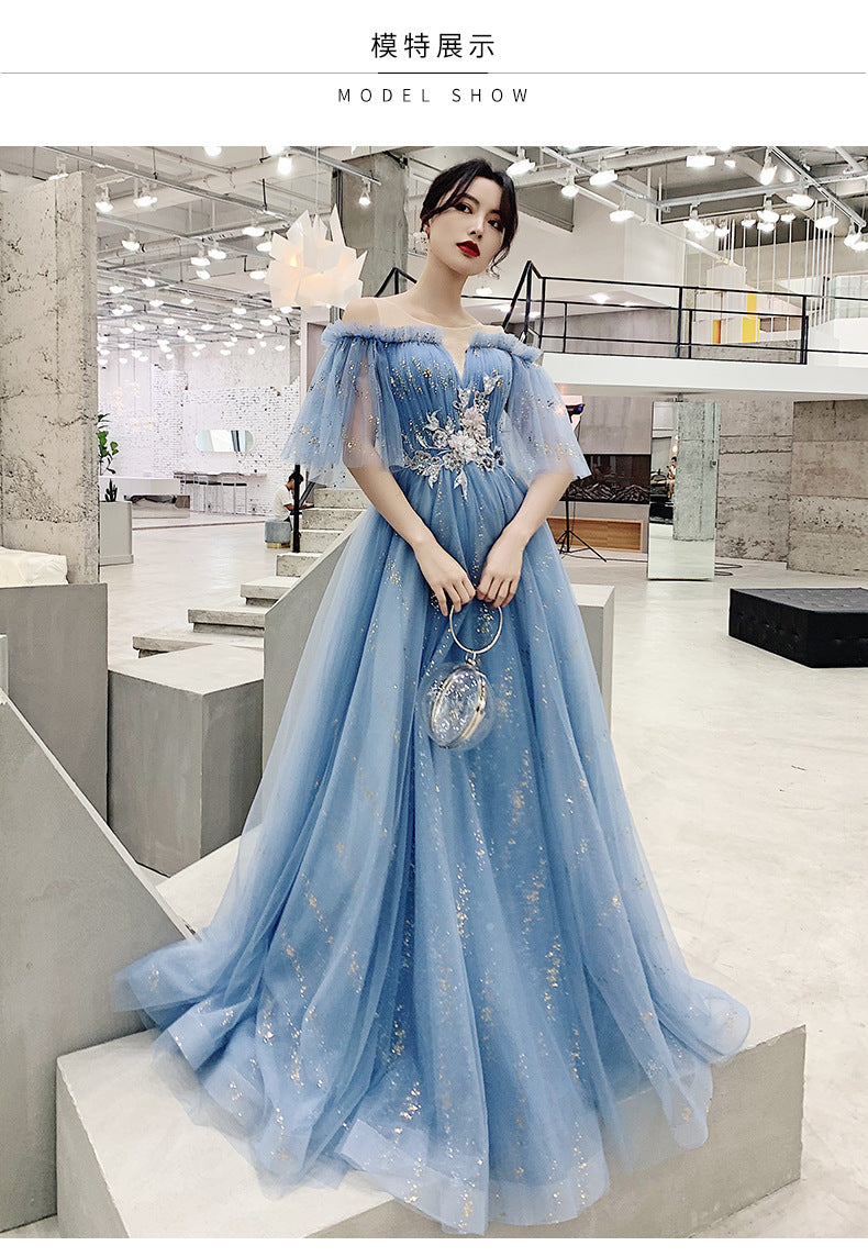 Blue Host Art Exam Evening Dress Female 2024 New Banquet Temperament Princess Fairy Mori Style