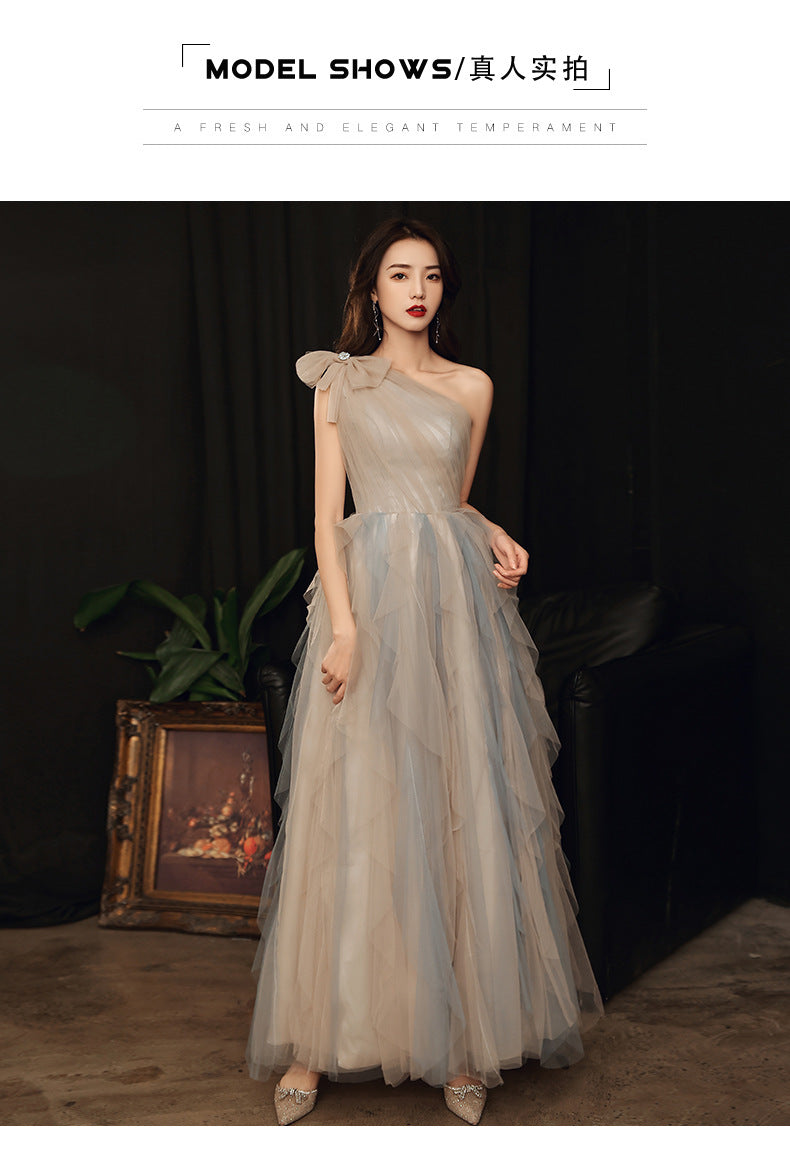 Annual Party Evening Dress Women's 2024 Belt Oblique Shoulder Design Socialite Host Dress Temperament Piano Performance Dress