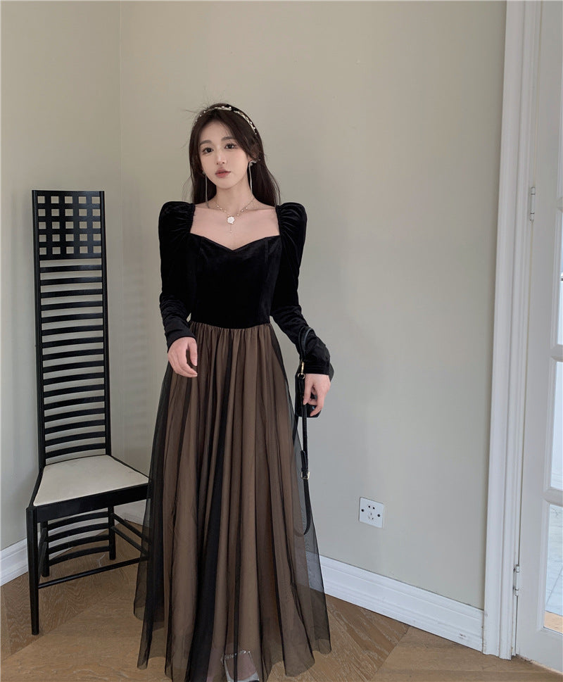 Black Vintage Velvet Dress Women's Autumn and Winter French Temperament Socialite Slim Fit Cinched Mesh Dress Long Skirt