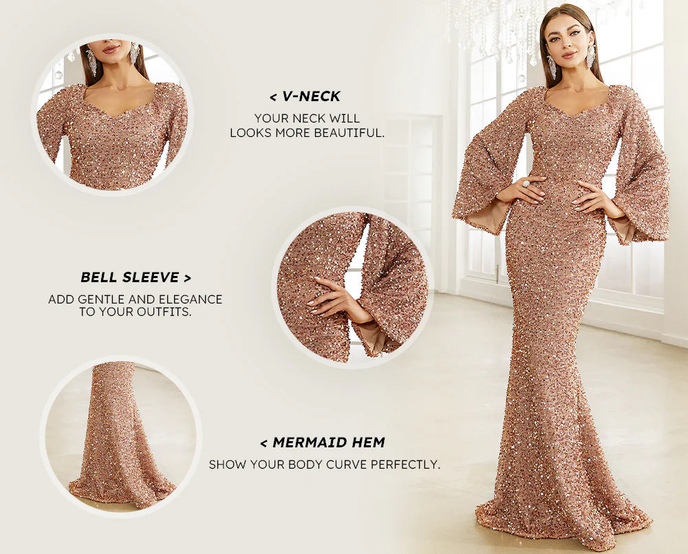 Party dress long sleeve sequin golden red black Fashion V-neck Hip Sequined European and American Style Dress Mid-Waist Flared Sleeve Long Evening Dress H909023