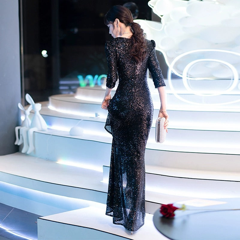 Black Evening Dress High-End Affordable Luxury Niche Female 2024 New Host Birthday Banquet Sequined Fishtail Dress Autumn