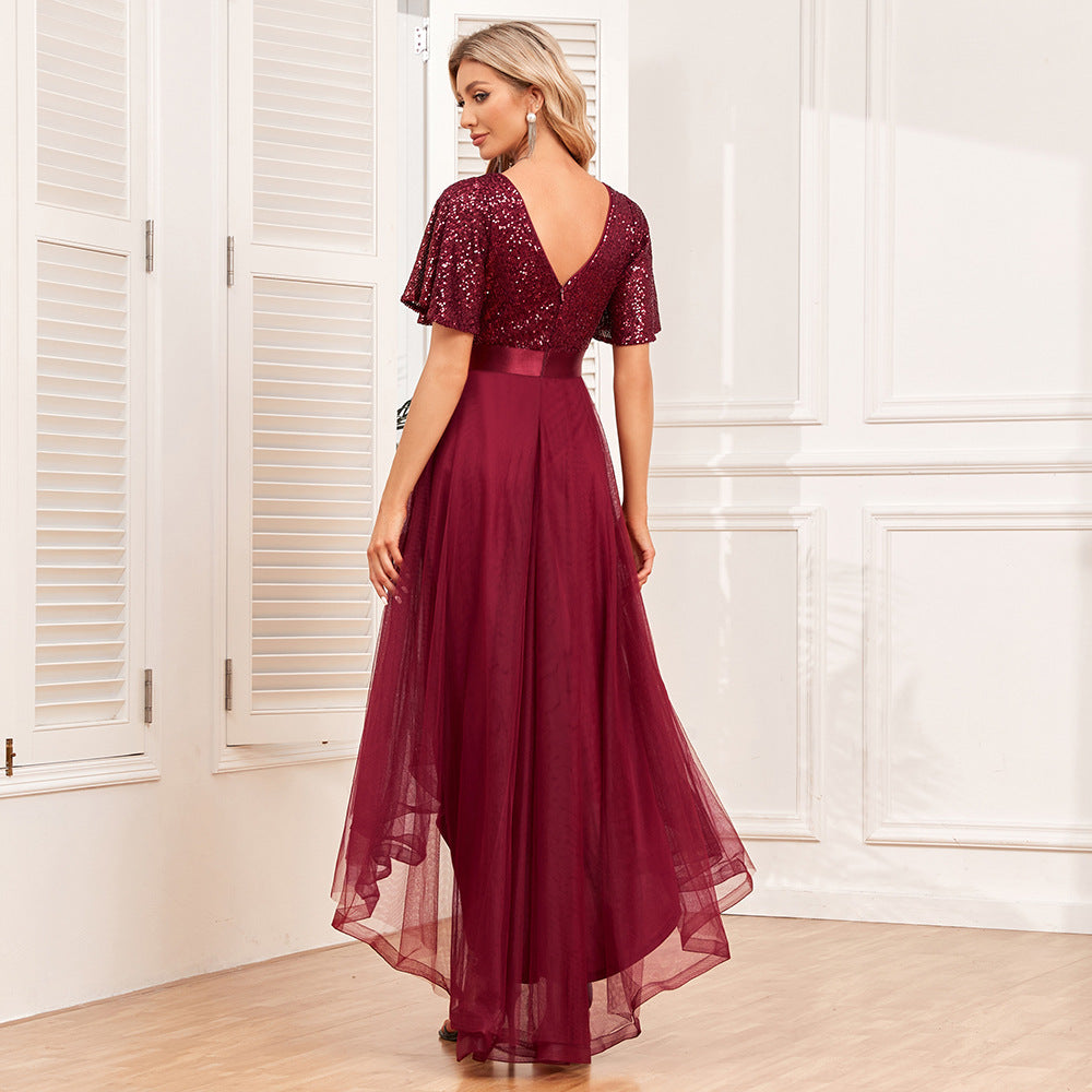 New Elastic Waist Stitching Elegant V-neck Ruffled Short Sleeves Evening Dress Swing Word Fluffy Tulle Irregular Long Dress