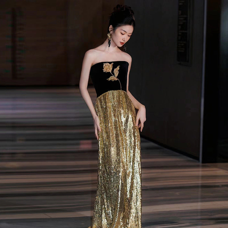 Evening Dress Ball Gown Black And Golden Off Shoulder French Elegant Birthday Banquet Dress Black Gold Thin And Glittering Bride Wedding Toast Dress 👑 Shimmering Day H8923