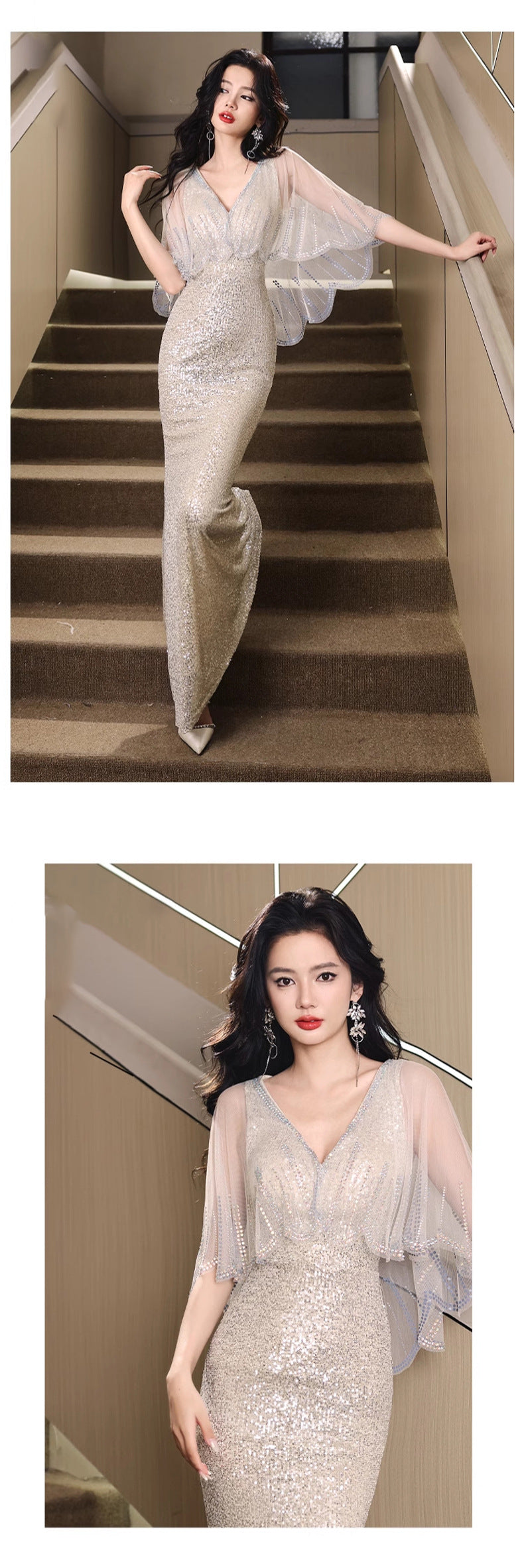 Silver V-neck Sequins Dress plus Size Shawl Fashion Minority Design Birthday Banquet Host Fishtail Dress