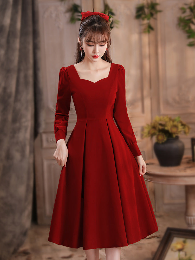 Toast Dress Bride 2024 New Autumn and Winter High-End Engagement Dress Back Door Slim Fit Slimming Long Sleeves Dress