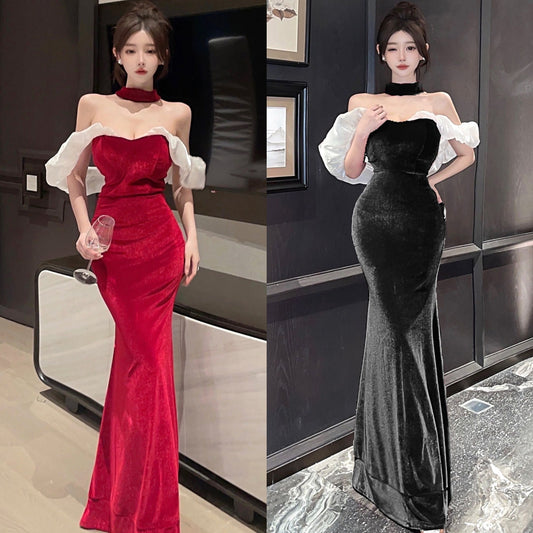 4302 Gold Velvet off-Neck Slim Temperament Slimming Dress Long Fishtail Advanced Banquet Host Evening Wear