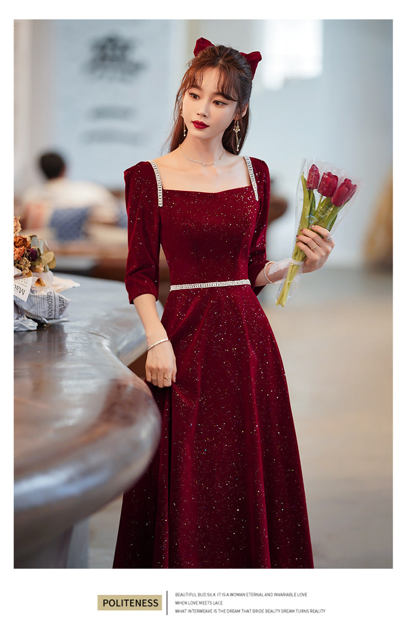 Toast Dress Bride 2024 New Autumn and Winter Fairy Wine Red Engagement Dress Wedding Back Door Toast Dress