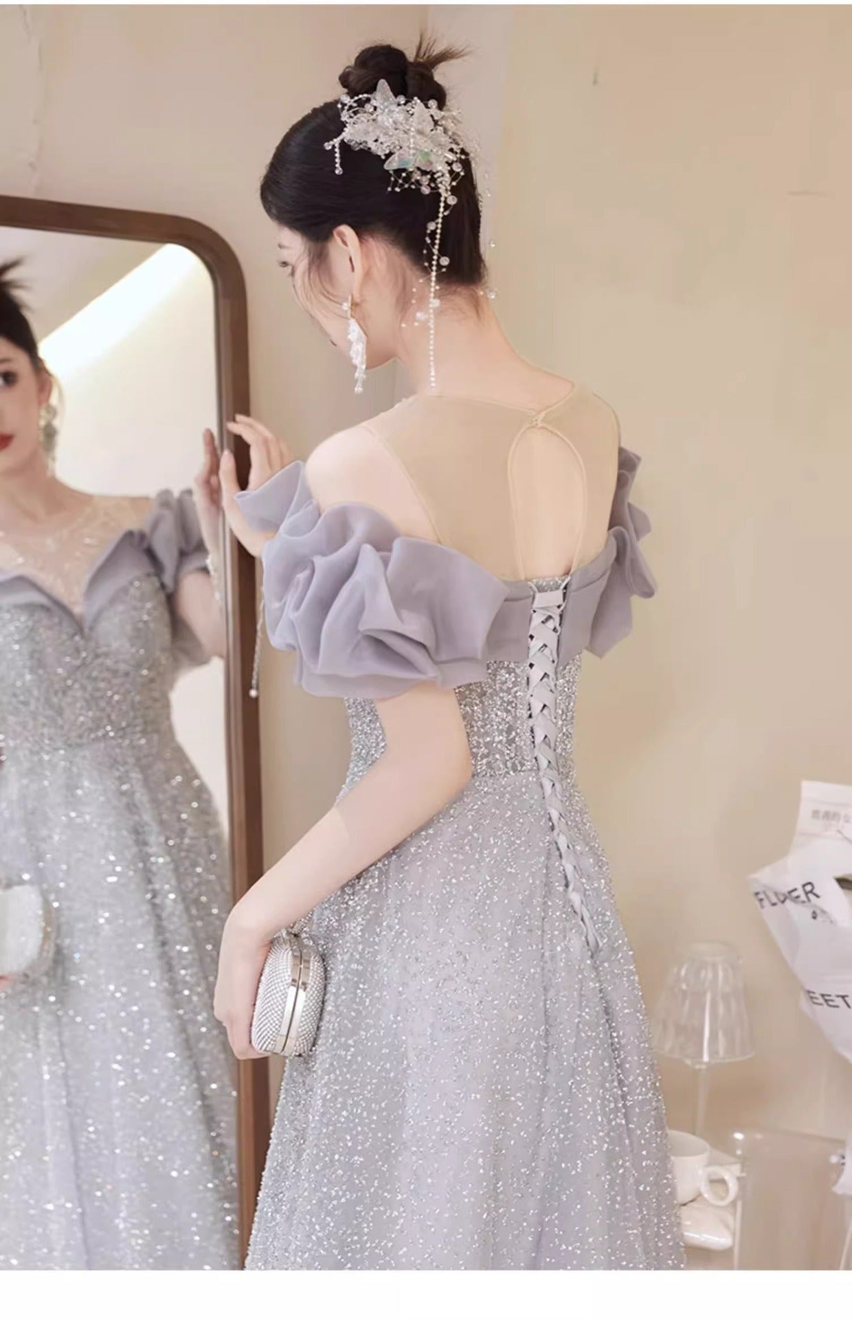 off-Shoulder Evening Dress for Women 2024 New High-End Fairy Host Dress Slim Fit Adult Ceremony Banquet Dress