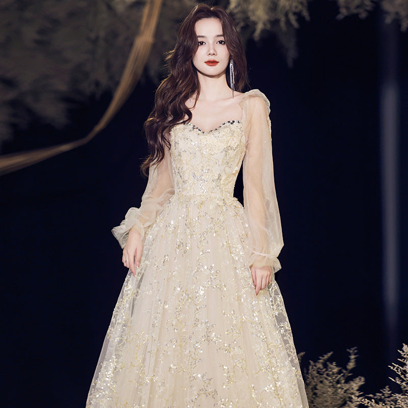 Banquet evening dress high-grade Champagne temperament host fairy dinner Annual Meeting dress long sleeve autumn women