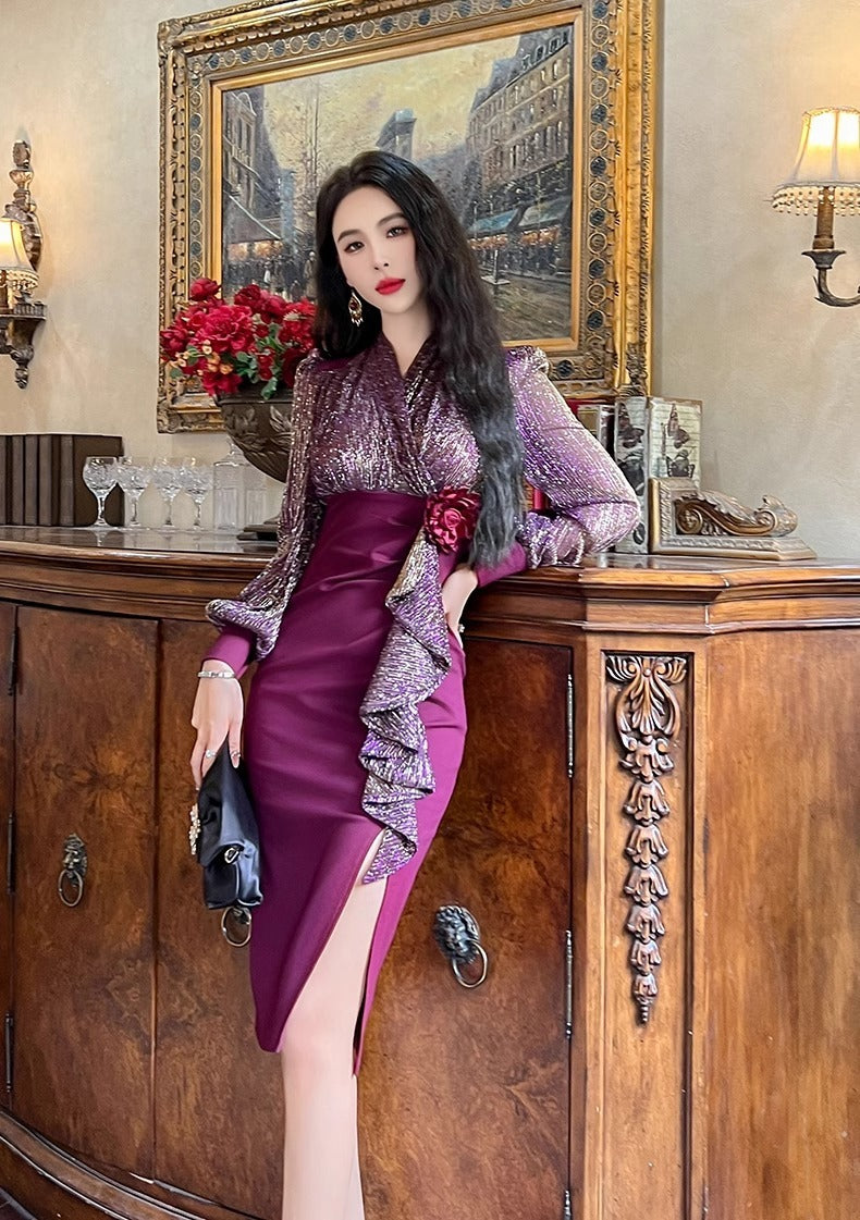 New Fall Women's Clothing Slim Fit Slimming Long Sleeves Dress Elegant High Sense Light Luxury Minority Red Engagement Dress