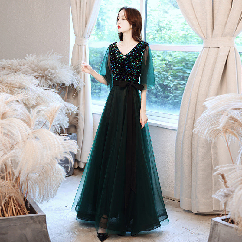 Evening Dress Prom dresses Green sequin Women Banquet Temperament French Entry Lux Niche High-End Dark Green Princess Annual Meeting Host H28822