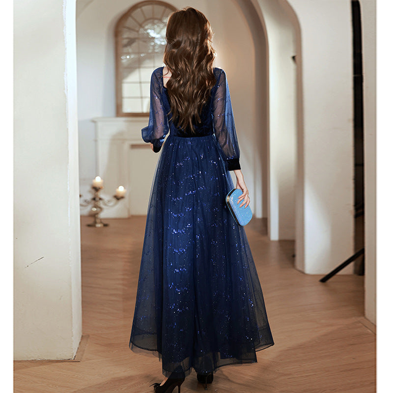 Women's Long-Sleeved Evening Dress for Banquet, High Sense High-End Affordable Luxury Niche Blue Sequined Conductor Chorus Solo Performance Costume